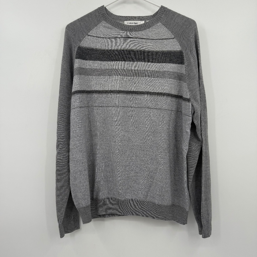 Calvin Klein Sweater Men Large Gray Merino Wool Blend Knit Italian Yarn Pullover